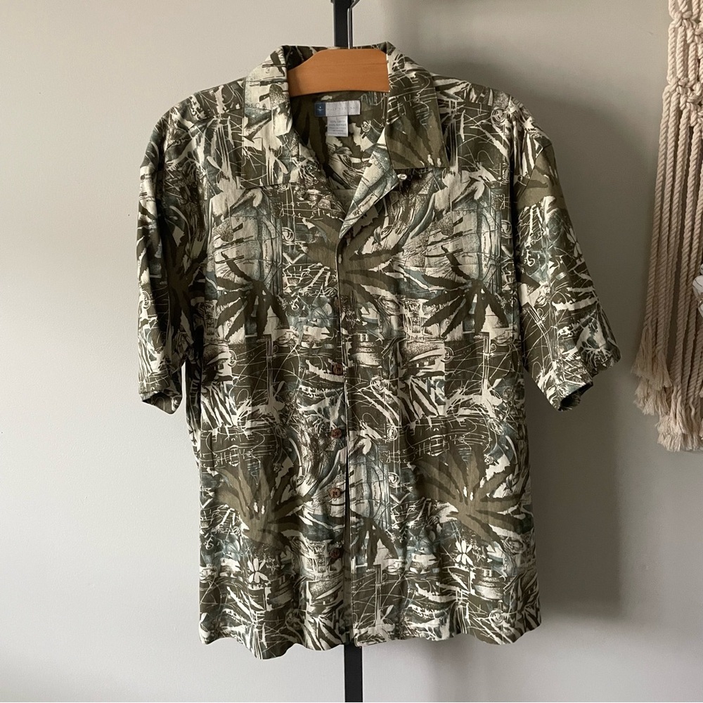 Y2K Vintage Half Moon Bay Linen Blend Camp Collar Tropical Button Down Mens